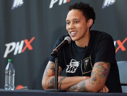 Brittney Griner of the Phoenix Mercury speaks during a "Bring Our Families Home" press conference at Footprint Center on April 27, 2023 in Phoenix, Arizona.