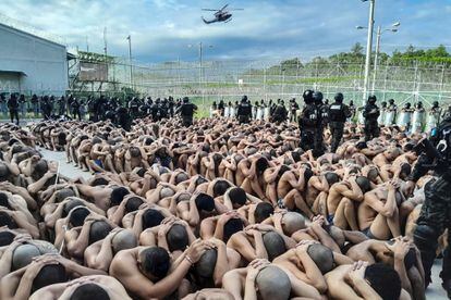 This handout picture released by the Honduran Armed Forces shows inmates during an operation at the National Penitentiary "Francisco Morazan" in Tamara, north of Tegucigalpa, on June 26, 2023.