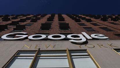 A Google LLC logo is seen at the Google offices in the Chelsea section of New York City, US, on January 20, 2023.