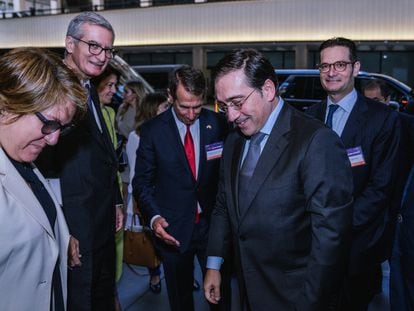 Spain’s Foreign Minister José Manuel Albares and Joseph Oughourlian and Alan D. Solomont – the respective presidents of Prisa and the Spain-U.S. Chamber of Commerce – arrive at the international forum ‘Latin America, the United States and Spain in the global economy’ in New York City