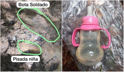 Some of the clues found by the rescue team. The left picture show's a child's footprint next to a print made by a soldier's boot. 