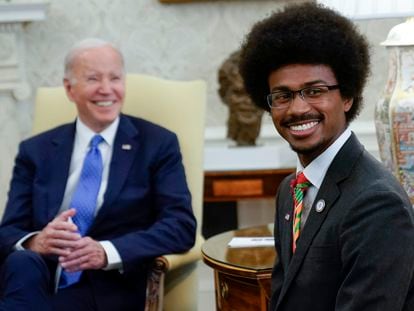 Tennessee State Representative Justin Pearson smiles as he meets with President Joe Biden in the Oval Office of the White House, on April 24, 2023, in Washington.