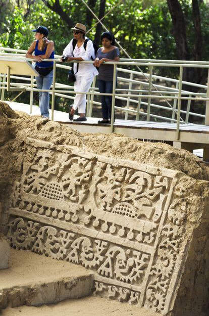 Detail of clay wainscots reliefs of the Las Balsas ‘huaca’, or sacred site, at the Tucume archaeological complex. 