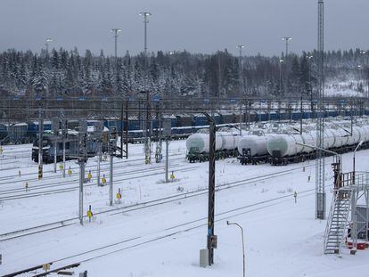 Freight cars are seen at the Vainikkala rail yard in Lappeenranta, southeastern Finland, on November 29, 2023.