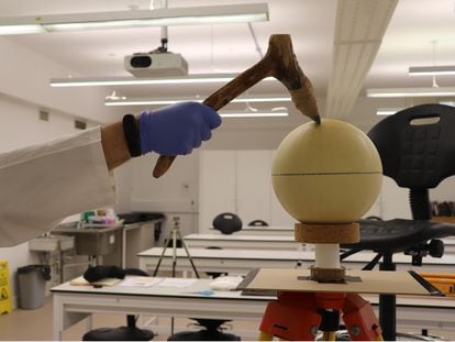 Miguel Ángel Moreno-Ibáñez, from the Catalan Institute of Human Paleoecology and Social Evolution, carries out experiments on a simulated skull with Neolithic weapons.