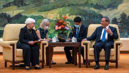 Chinese Premier Li Qiang, right, speaks as Treasury Secretary Janet Yellen, left, listens during a meeting at the Great Hall of the People in Beijing, China, on July 7, 2023.