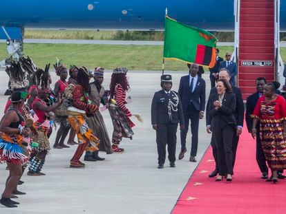 US Vice President Kamala Harris after landing in Lusaka, Zambia on March 31.