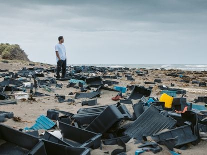 A volunteer walks among discarded plastic boxes on one of the Valdés Peninsula beaches in Argentina’s Chubut province in April 2023.