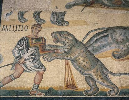 A 4th century mosaic – preserved in Tusculum, Italy –  portrays a gladiator fighting a tiger,