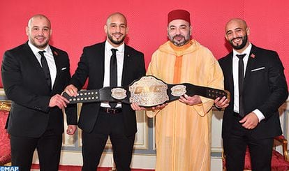 The brothers Abu Bakr, Ottman and Omar Azaita with King Mohamed VI of Morocco in April 2018.
