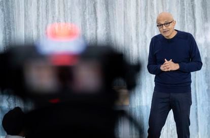 Microsoft CEO Satya Nadella speaks at the presentation of AI integration into Bing and the Edge browser.