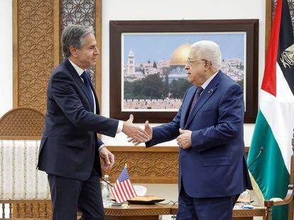 U.S. Secretary of State Antony Blinken meets with Palestinian President Mahmoud Abbas, at the Muqata in Ramallah in the Israeli-occupied West Bank, November 5, 2023.