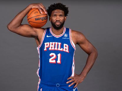 Philadelphia 76ers' Joel Embiid poses for a photograph during media day at the NBA basketball team's practice facility, Monday, Oct. 2, 2023, in Camden, N.J.