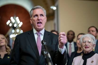 Speaker of the House Kevin McCarthy talks to reporters at the Capitol in Washington, on March 24, 2023.