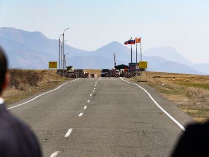 A Russian checkpoint on the road that leads to the Armenian-held enclave of Nagorno Karabagh, on March 14.