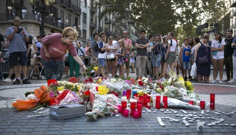 Floral tributes being laid in Las Ramblas on Thursday.