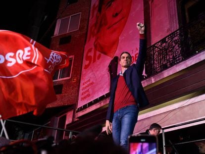 Pedro Sanchez celebrates in Madrid after winning the election.