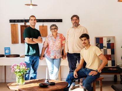 The Sangiovanni-Lorenzo family in their store. Isabel and Fernando are pictured with their sons, Agustín (left) and Joaquín. Everything in this workshop is completely handmade. They only use a machine that marks each piece with the first part of their name: Sangiovanni.