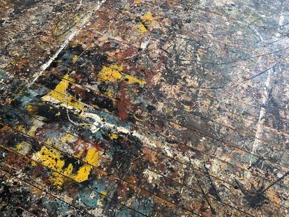 Remnants of paint on the studio floor that belonged to artist Jackson Pollock. This was turned into an NFT.
