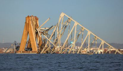 A view of one of the pillars of the Francis Scott Key Bridge after the freighter collision, Tuesday in Baltimore. 