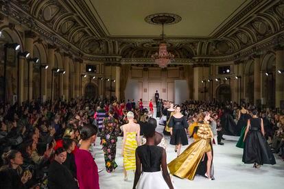 Fashion from Carolina Herrera's latest collection is modeled during Fashion Week, Monday Feb. 13, 2023, in New York.