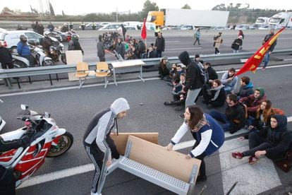 Students blocking traffic in Catalonia.