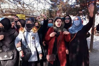 Afghan women protest the ban on university education for women last December in Kabul.