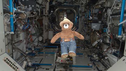 A stuffed Smokey the Bear floats in the International Space Station’s Destiny laboratory; May 2012.