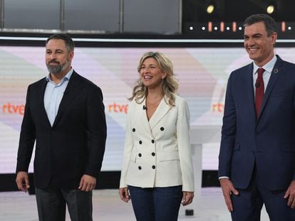 Spain's far-right Vox party leader Santiago Abascal, left-wing Sumar leader Yolanda Diaz and Prime Minister and Socialist candidate Pedro Sanchez