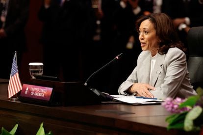 U.S. Vice President Kamala Harris delivers her remarks during the plenary session of the ASEAN-U.S. Summit in Jakarta, Indonesia, September 6, 2023.