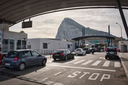Cars lining up to enter Gibraltar from the Spanish side of the border. 