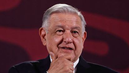 Andrés Manuel López Obrador speaks during his morning conference at the National Palace.