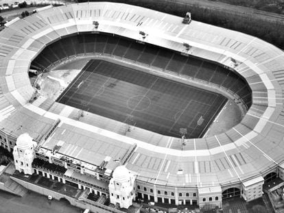 An aerial view of the old Wembley Stadium.