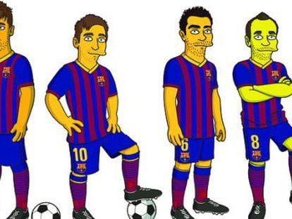 From left to right: Neymar, Messi, Xavi and Iniesta in their 'Simpsons' form.