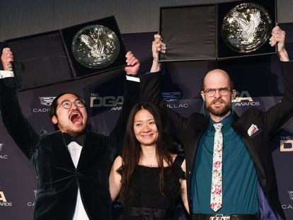 Chlo Zhao (C) poses with Dan Kwan (L) and Daniel Scheinert (R), winners of the Outstanding Directorial Achievement in Theatrical Feature Film award for Everything Everywhere All at Once in the press room during the 75th Directors Guild of America Awards at The Beverly Hilton on February 18, 2023 in Beverly Hills, California.