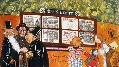 An illustration from the anti-Semetic children's book, ‘Trust No Fox on His Green Heath and No Jew on His Oath,’ showing three children reading pages from the official Nazi newspaper ‘Der Stürmer,’ while three Jewish caricatures stand nearby.