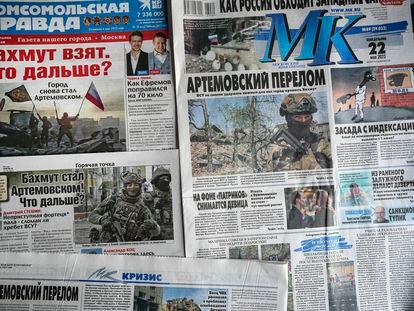 A combo of Russian national newspapers on Monday, May 22, 2023, all leading with news on the taking of control of the city of Bakhmut.