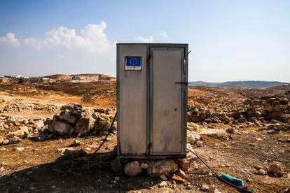 Remains of a container with humanitarian aid, in the southern West Bank.