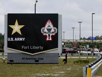 The new Fort Liberty sign is displayed outside the base on Friday, June 2, 2023 in Fort Liberty, N.C.