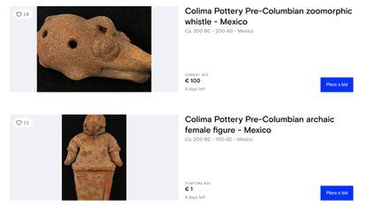 A screenshot of pre-Hispanic pieces that are scheduled to be auctioned on catawiki.com.