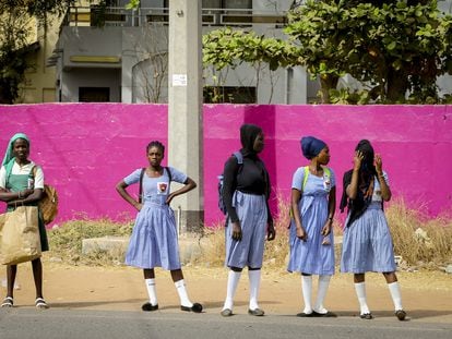 Girls in school uniforms in Banjul, Gambia; January 2020.
