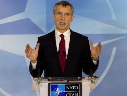 NATO secretary general Jens Stoltenberg addresses the press on Thursday in Brussels.