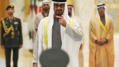 Emirati leader Sheikh Mohammed bin Zayed Al Nahyan gestures toward an honor guard at Qasar Al Watan in Abu Dhabi, UAE, on January 15, 2023.