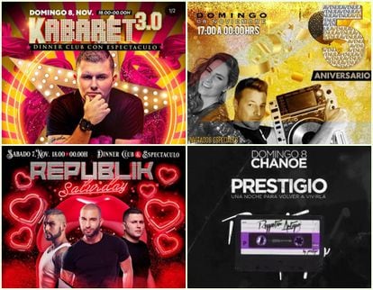 Social media advertising promoting different nightclubs in Madrid.