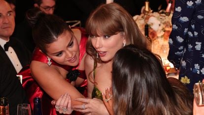 Selena Gomez and Taylor Swift with Keleigh Sperry (from behind) at the 81st edition of the Golden Globe Awards held at the Beverly Hilton hotel, on January 7, 2024, in Beverly Hills.
