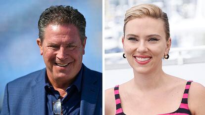 This combo photo shows NFL legend Dan Marino, left, and actress Scarlett Johansson, right. Johansson and Marino will star in the Super Bowl commercial that will focus on M&Ms candy being the comfort fun food while watching the big game.