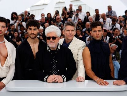 Pedro Almodóvar (third from the left) poses at the 2023 Cannes Film Festival alongside Ethan Hawke and other actors from his latest film: from left to right, Manu Ríos, José Condessa, Jason Fernández and George Steane.