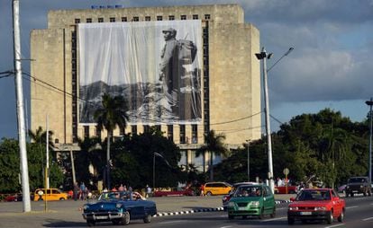 A photograph of Fidel Castro at Revolution Square.