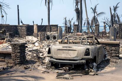 Wildfire wreckage is seen Wednesday, Aug. 9, 2023, in Lahaina, Hawaii. 