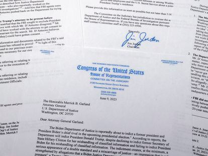 A letter that House Judiciary Committee Chairman Jim Jordan, of Ohio, wrote on June 9, 2023, to Attorney General Merrick Garland is photographed in Frederick, Md. Former President Donald Trump’s indictment on charges of mishandling classified documents is set to play out in federal court in Florida.